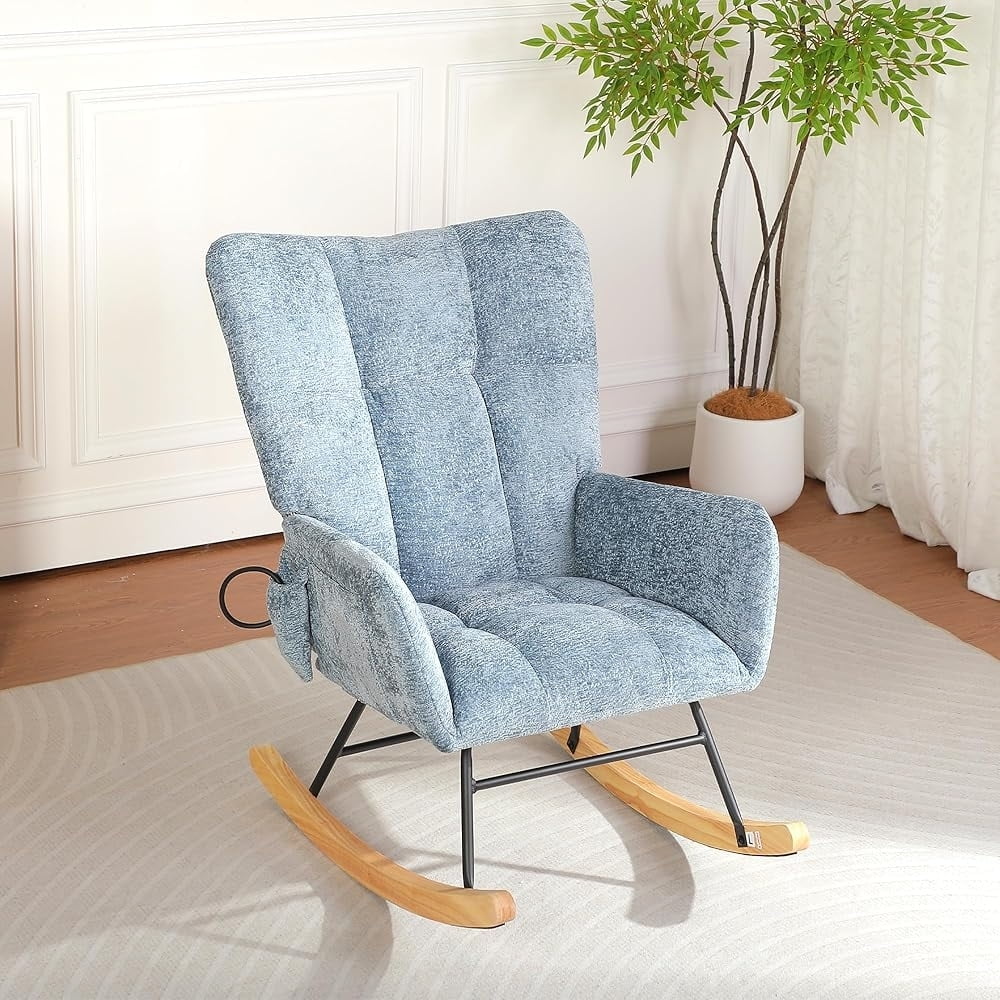 Modern Upholstered Rocking Chair, Blue Chenille Accent Glider Chair with Solid Wood Rocker Legs, High‑Back Lounge Armchair for Living Room and Nursery
