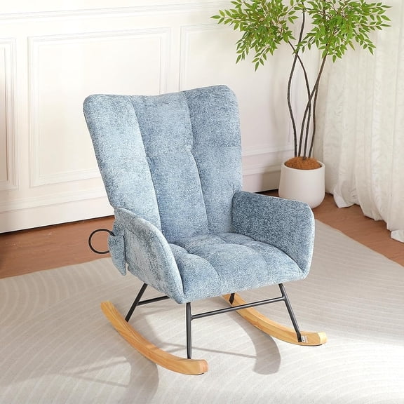 Modern Accent Rocking Chair with Solid Wood Legs, Side Pocket and Footrest for Living Room,Blue