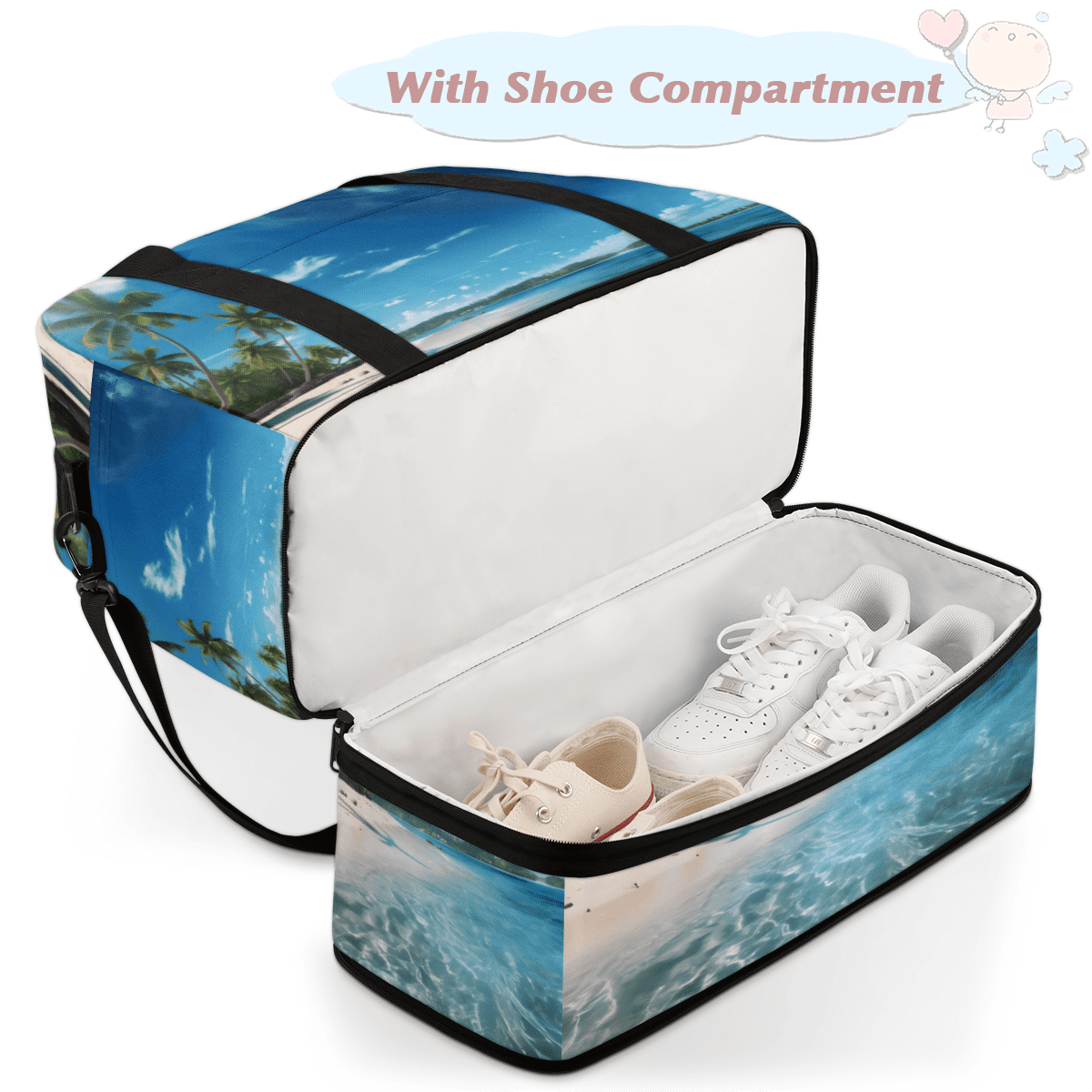 Herdesigns Beach Ocean Landscape Foldable Travel Duffel Bag with Shoe Compartment, Weekend Overnight Carry On Bags for Men Women, Large Sports Gym Luggage