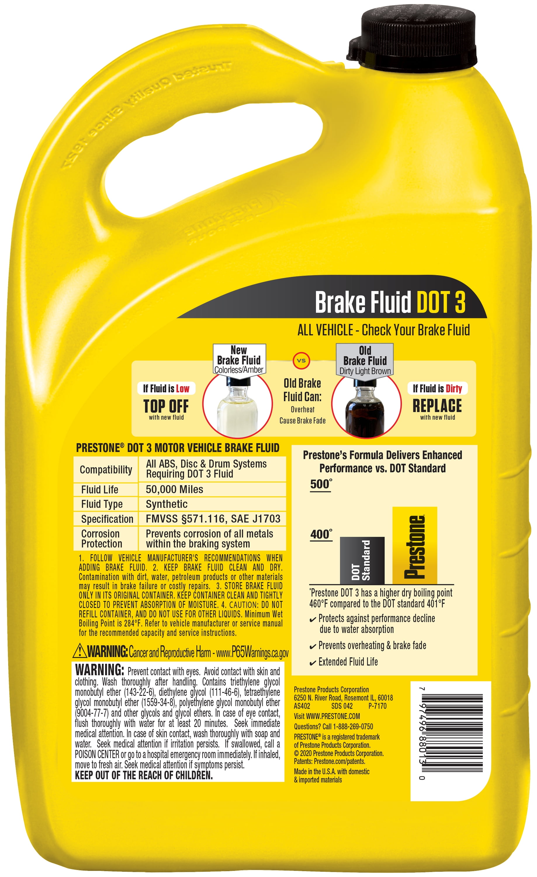 (12 pack) Prestone DOT 3 Brake Fluid 1 gal Synthetic, High Grade, 50,000 mile