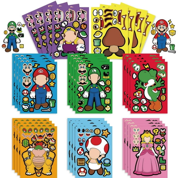 32pcs Mario Stickers DIY Kids Stickers with Changeable Faces Mixed & Matched with 8 Designed Characters Stickers for Party Decoration, Reward, Decor, Gift Idea
