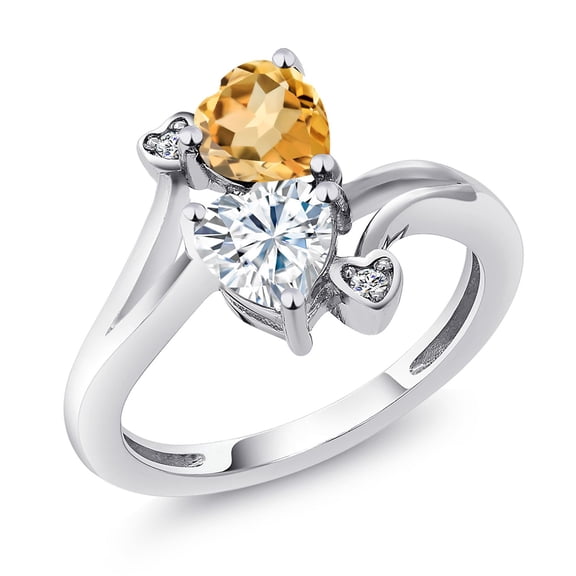 Gem Stone King 925 Sterling Silver Yellow Citrine White Moissanite and White Diamond Ring for Women (1.48 Cttw, Heart Shape 6MM, Gemstone November Birthstone, Size 5)