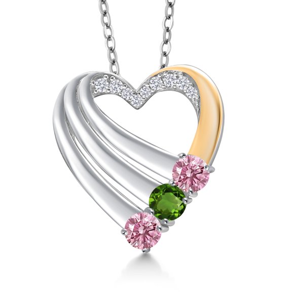 925 Silver and 10K Yellow Gold Pink Lab Grown Diamond and Green Tourmaline and White Lab Grown Diamond Heart Pendant for Women | 0.85 Cttw | Gemstone April Birthstone | With 18 inch Chain