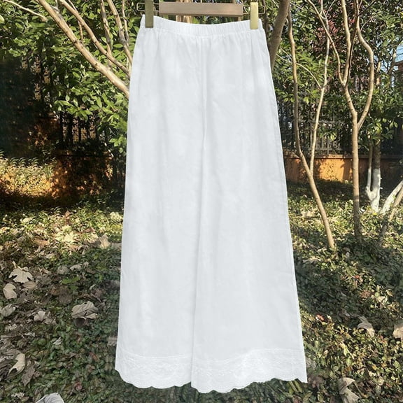 Ashyfjp Womens Pants Casual Solid Color Elastic Waist Wide Leg Loose Fit Pants with Lace Embroidery Patchwork, White, L
