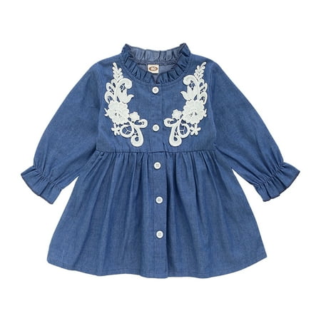 

Kucnuzki 6 Months Infant Baby Girl Winter Dress Causal Dress 9 Months Infant Girl Long Sleeve Floral Lace Layer Denim Dress Blue