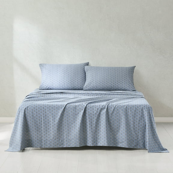 Lush Decor Freesia Cotton Sheet Set 4 Piece Set King Blue - Floral Sheets - Blue Bed Sheets - Block Print - Vintage Coquette Decor