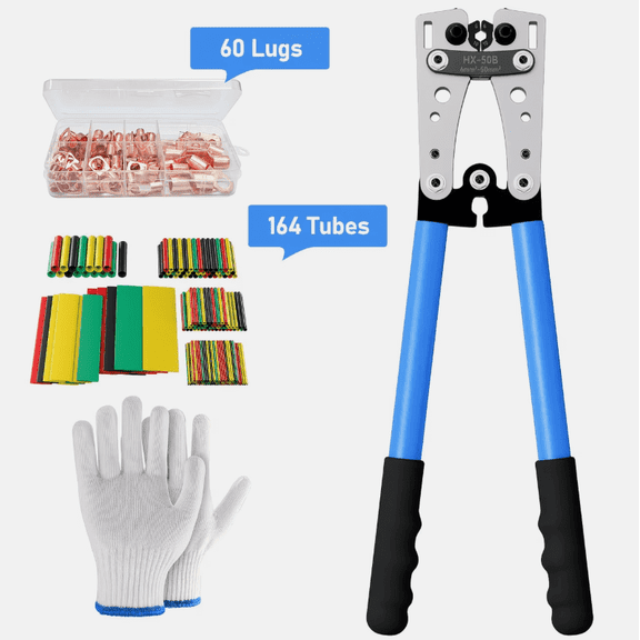 1Crimper And Lugs And Tubes Heavy Duty Durable Battery Cable Lug Wire Crimping Tool Set for AWG 8-1/0