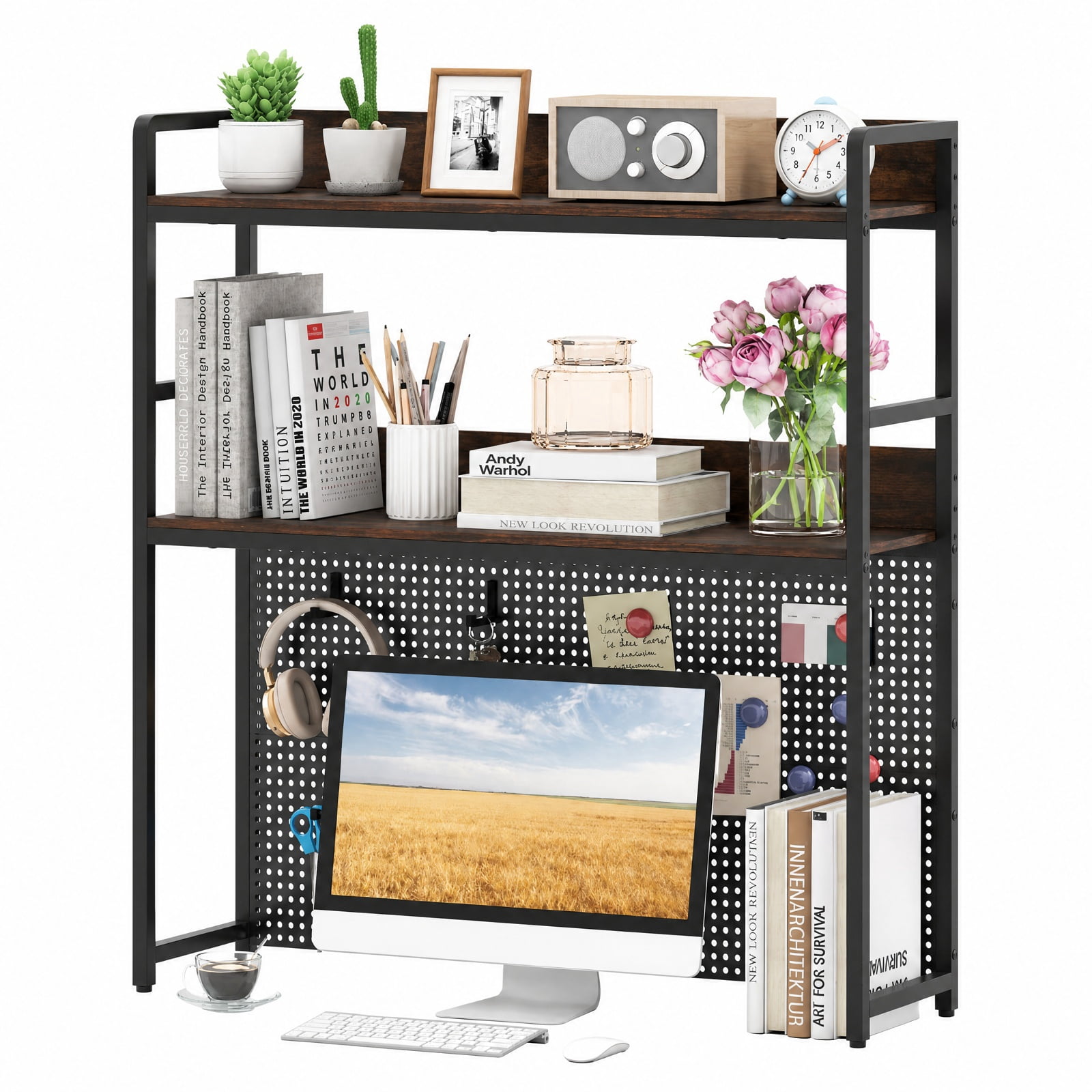 Furnibear Multipurpose 2-Tier Desktop Bookshelf with Pegboard for up to 32 Inch Computer Monitor for Living Room Home Office Bedroom, Rustic Brown