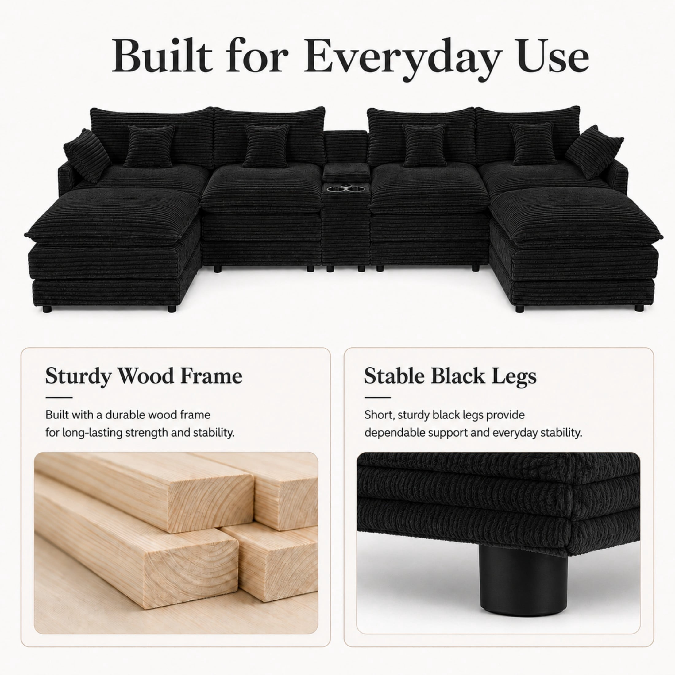 Aenkyo 141-Inch U-Shaped Corduroy Cloud Sectional Sofa with Console, Black
