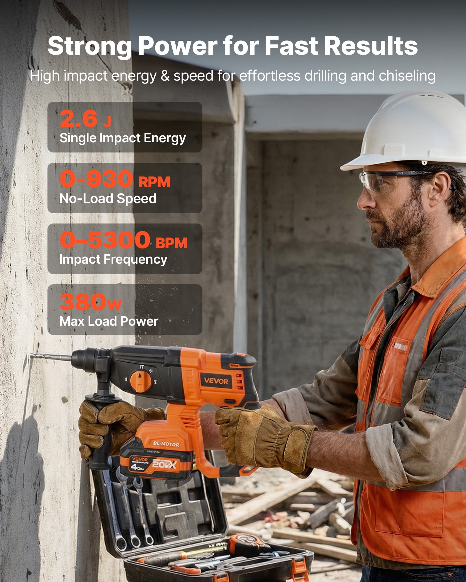 VEVOR Rotary Hammer Drill, 7/8 in SDS-Plus Cordless, 20V Battery Powered Rotary Hammer, Brushless, Including Battery, Charger, 3 Drill Bits, Flat Chisel, Pointed Chisel, Carrying Case, for Concrete