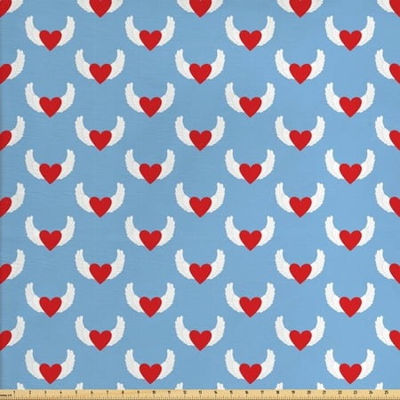 Angel Wings Fabric by The Yard, Eros Love Theme with Heart on Wings Valentines Day Print, Decorative Fabric for Upholstery and Home Accents, by Ambesonne
