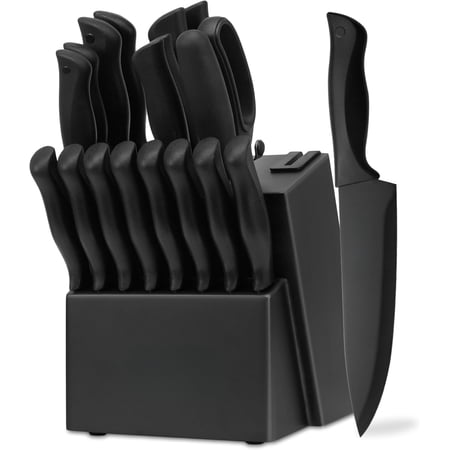 14-Piece Kitchen Knife Block Set with Built-in Sharpener, Upgraded Non-Stick Coating Blades, Ergonomic Handles, Dishwasher Safe
