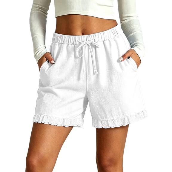 TFEOQRY Women's Lace Trim Drawstring Shorts with Pockets Elastic Waist Summer Lightweight Casual Loose