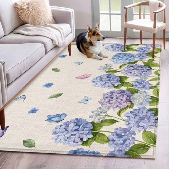 Hydrangeas Area Rugs 4'x6', Washable Small Throw Rugs for Office Bathroom, Purple Floral Butterfly Leaves Beige Indoor Outdoor Rug Non-Slip Low Pile Carpet Runner Reversible Floor Mats