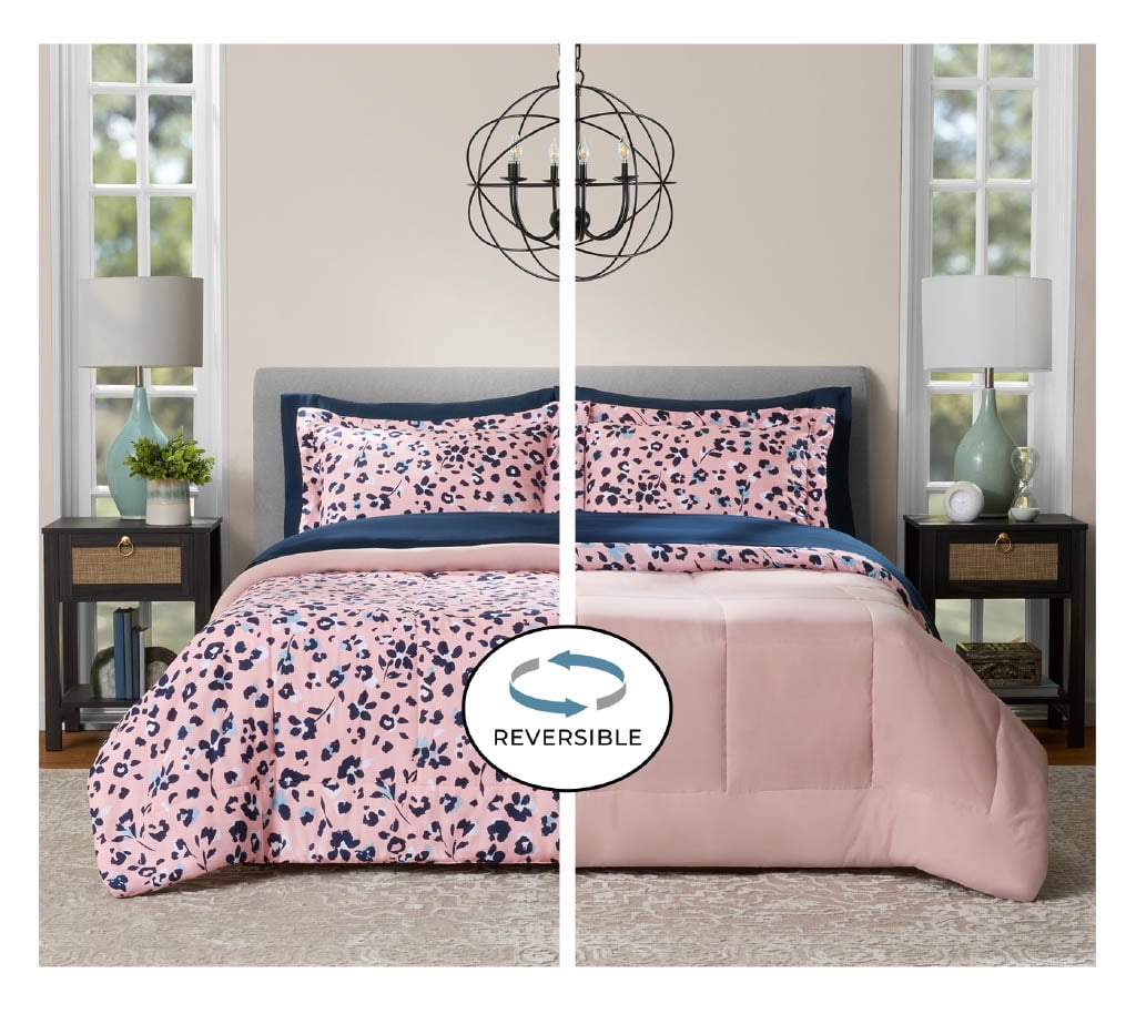 Mainstays All in One Reversible Comforter and Sheet set- 7 Piece, Full, Pink Animal Print