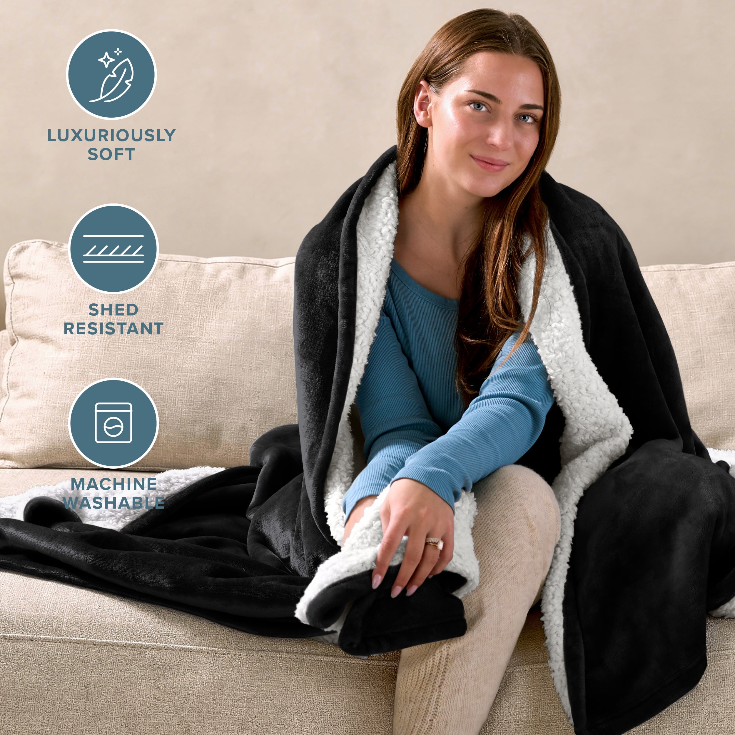 Bare Home Plush Sherpa Bed Blanket - Fluffy & Soft - Reversible - Lightweight - Full/Queen, Black