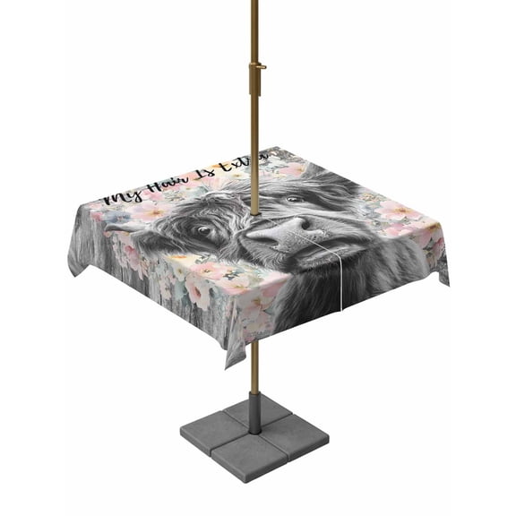 Outdoor Tablecloth with Umbrella Hole for Patio/Picnic/Party/Camping, Black Cow Floral Waterproof Table Cloth Square Cover Washable, Grey Ombre Farmhouse Animals (54"x 54")