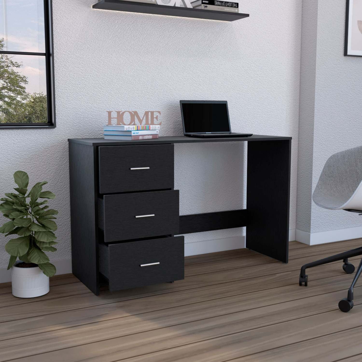 Asteroutdoor Writing Desk with 3 Drawers, Black, 47.5 in Wide, 30 in High, Particle Board, Home Office and Remote Learning