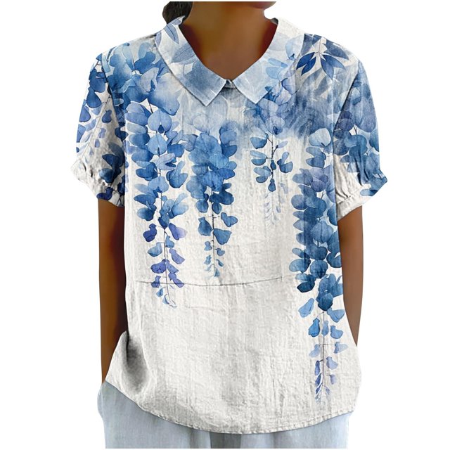 Birdeem Blouses pour Femmes T-Shirt Décontracté Imprimé Mode Manches Courtes Col Poupée Mignon Coton et Lin Blouse