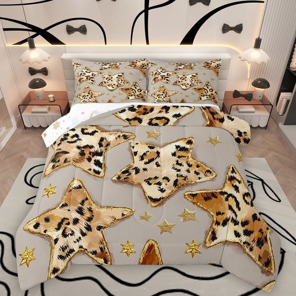Homewish Stars Print 2pcs Bedding Comforter Set For Children Teens Adults,Bling Golden Glitter Twin Comforter Sets,Animal Leopard Print Breathable Bedding Set,Super Cozy Room Decor,Reversible