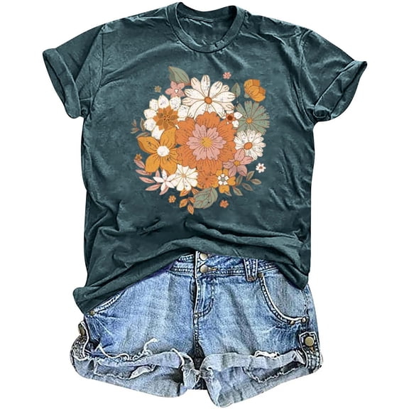 ALLLIST Tops for Women Plus Size Crew Neck Short Sleeve T-Shirts Fashion Green Floral Holiday Shirts Women's Clothing