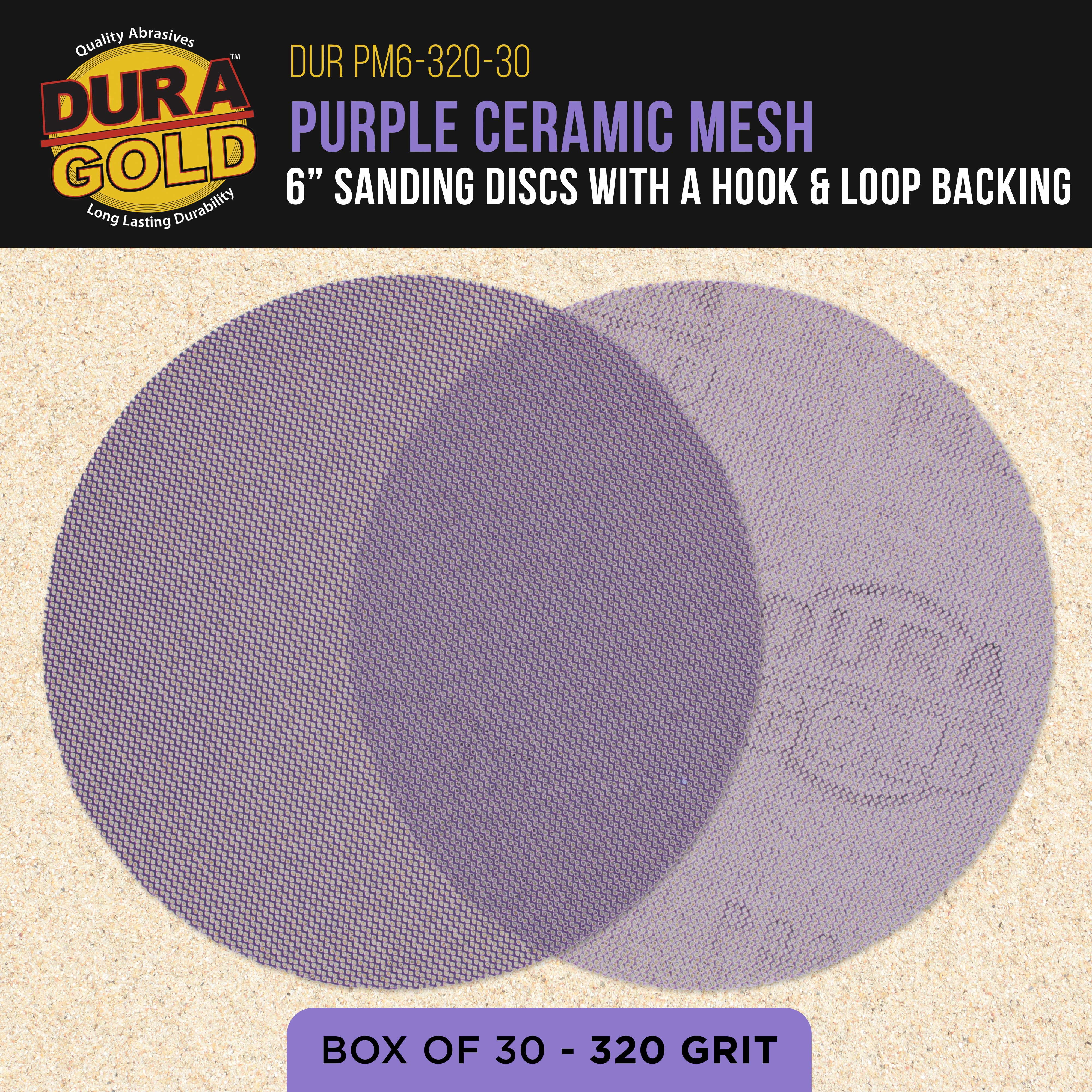 Dura-Gold Premium 320 Grit 6" Purple Ceramic Mesh Sanding Discs, Box of 30 - Dustless Hook & Loop Backing Sandpaper for DA & Random Orbital Sanders - Long-Lasting Fast Cut - Woodworking, Auto Paint