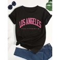 thumbnail image 2 of Plus Size Women's Los Angeles Graphic Tee - Casual Short Sleeve Round Neck T-Shirt, Black with Pink Letter Print, Stretchy Polyester Blend, Machine Washable, Spring/Summer/Fall Essential, 2 of 8