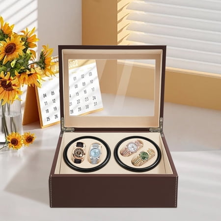 4+6 Automatic Rotation Leather Watch Winder, Brown Storage Box Display Case, Low Noise, Table Standing