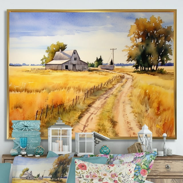 Designart Canada framed wall art decor, Canada framed wall Art, New Brunswick Farm Landscape Rural Beauty , Extra large Traditional Gold framed wall art, 44x34 inches Gold Frame
