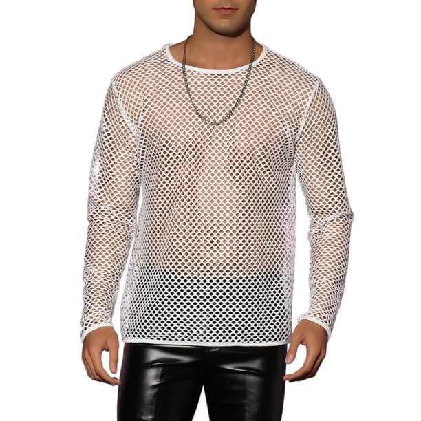Camiseta de malla INSPIRE CHIC para hombre de manga larga, transparente, color blanco, talla XL