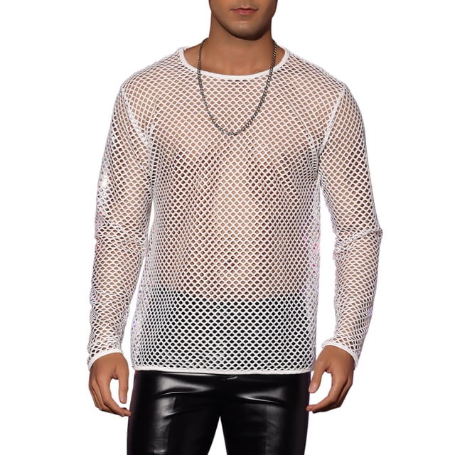 Camiseta de malla INSPIRE CHIC para hombre de manga larga, transparente, color blanco, talla XL