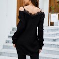 thumbnail image 3 of Suéter de manga larga con hombros descubiertos para mujer, Tops holgados con estilo con costuras de encaje, camisetas sin espalda con cuello en V, color negro L, 3 of 6