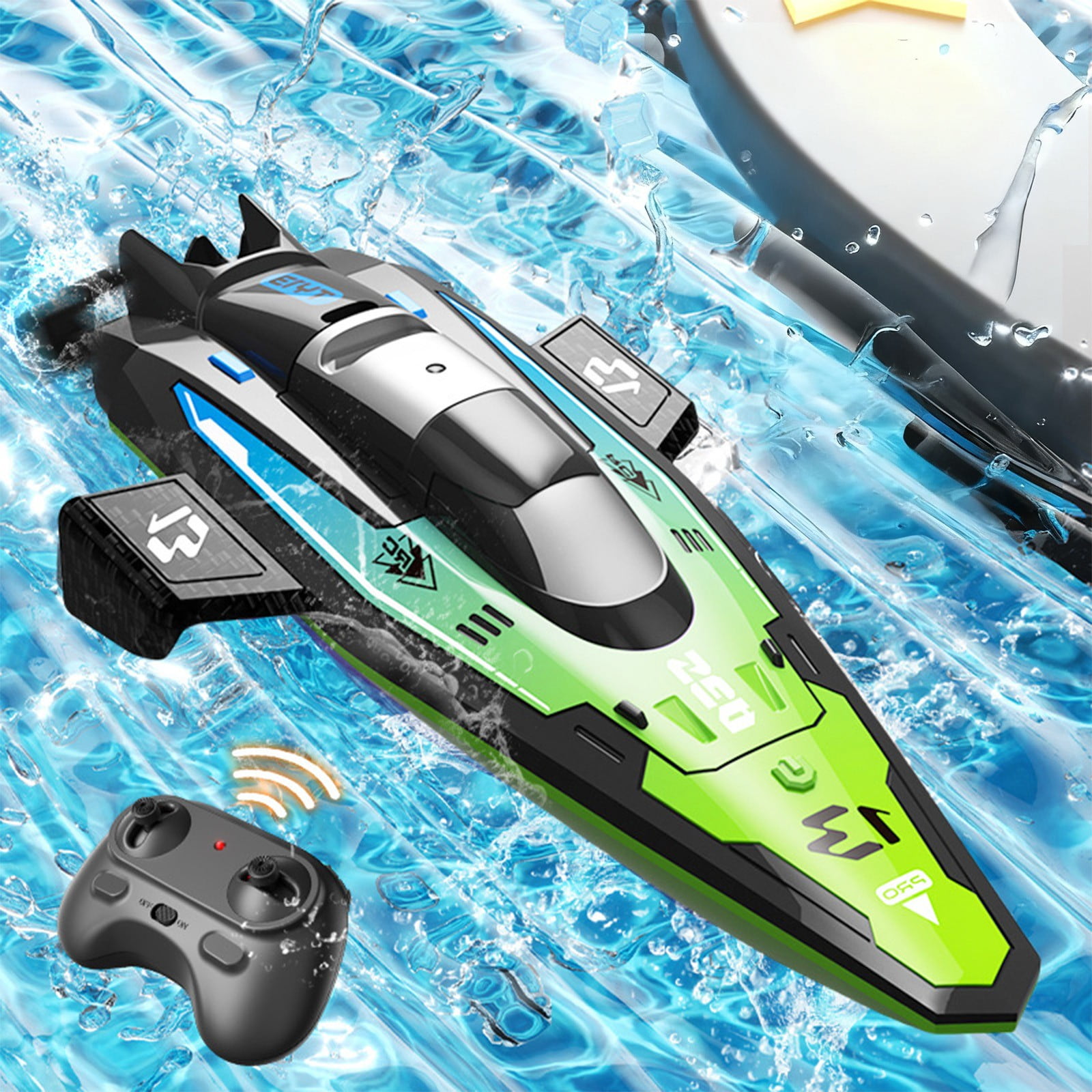 SPOORYYO Stunt Remote Control Speedboat with Double Motor, Self-Righting RC Boat with Water Sensing Charging and 2.4G Remote