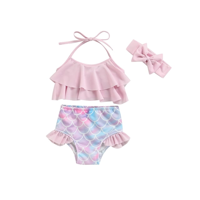 Fortune Toddler Girl Bikini Set,Ruffle Halter Tops+Mermaid Shorts Swimwear for Kid