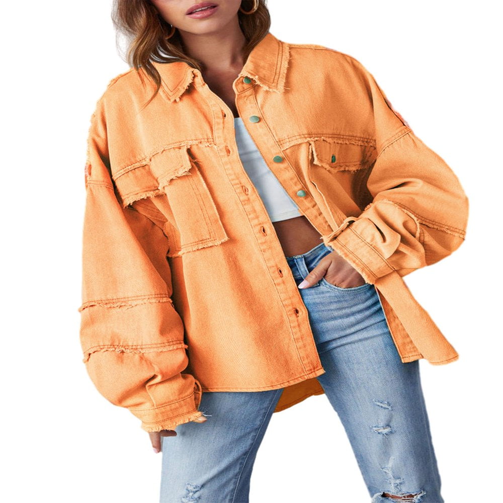 Ladies Oversized Denim Jacket with Long Sleeves and Button Closure