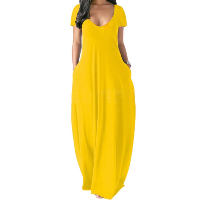 BJYX Maxi Robe Femmes Été Casual V-Cou Solide Longue Robe de Mode Poches Manches Courtes en Vrac Femme Plus Robe de Taille