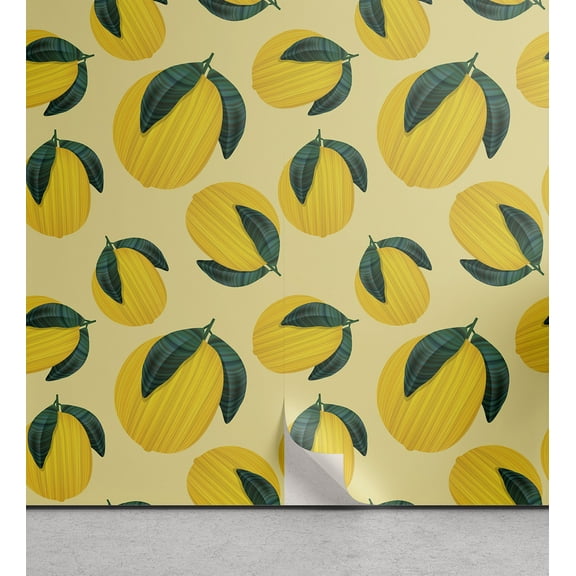 Ambesonne Garden Art Peel & Stick Wallpaper for Home, Graphic Lemons Leaves, 13"x36", Jade Green Mustard
