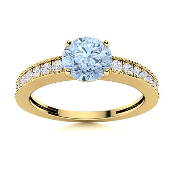 Solitaire 5MM Round Shape Aquamarine 925 Sterling Silver Gold Vermeil Women Promise Ring