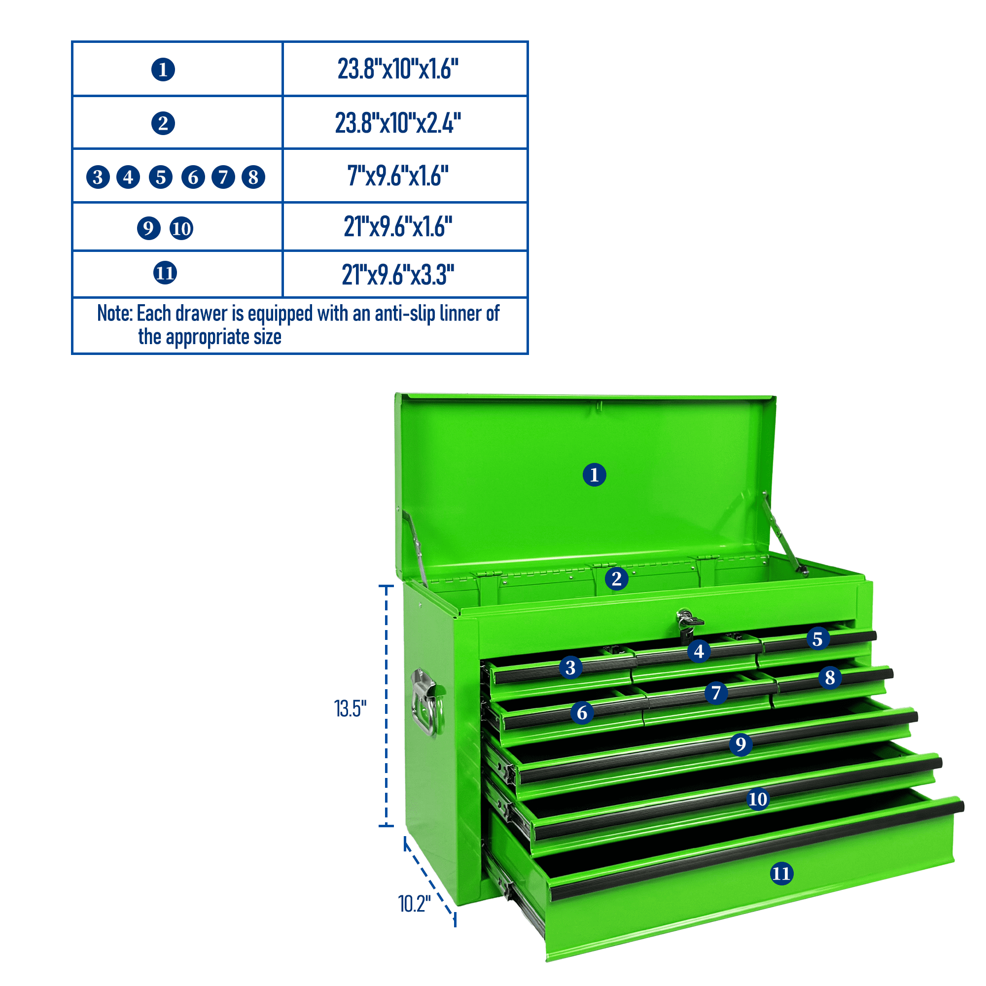 Heavy Duty Metal Tool Box,24 Inch Portable Tool Chest with 9 Drawers, Ball Bearing Slide Drawers with Auto-Locking System, Lockable Top Box Tool Organizer for Garage, Workshop, Truck,Green