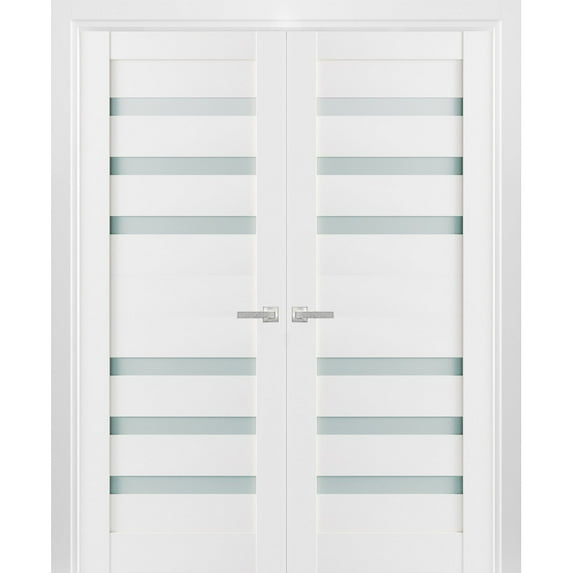 Solid French Double Doors 36 x 96 inches Frosted Glass | Quadro 4266 White Silk | Wood Solid Panel Frame Trims | Closet Bedroom Sturdy Doors