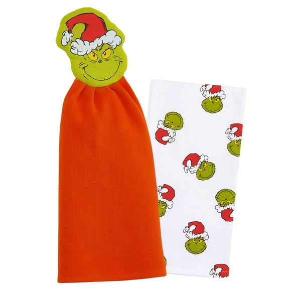 Dr. Seuss The Grinch Towel Set 2-Piece Hanging Novelty Holiday Hand and Dish Kitchen Towels