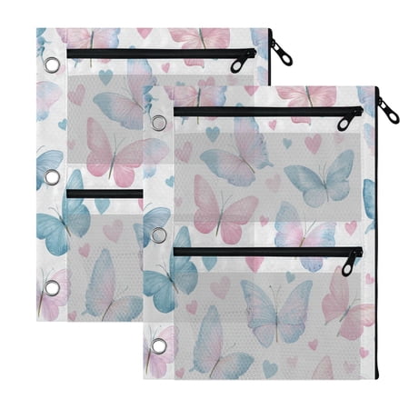 2 Pack 3-Ring Binder Pencil Pouch with Clear PVC Windows Gentle Pastel Butterfly Print Large Capacity Stationery Bag for Classroom Office Supplies