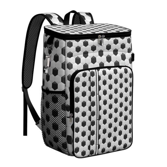 Travel Cooler Bag - Black White Soccer Pattern Camping Beer Cooler Backpack with Bottle Opener- Waterproof Insulated Picnic Backpacks - Cooler Bag for Beach