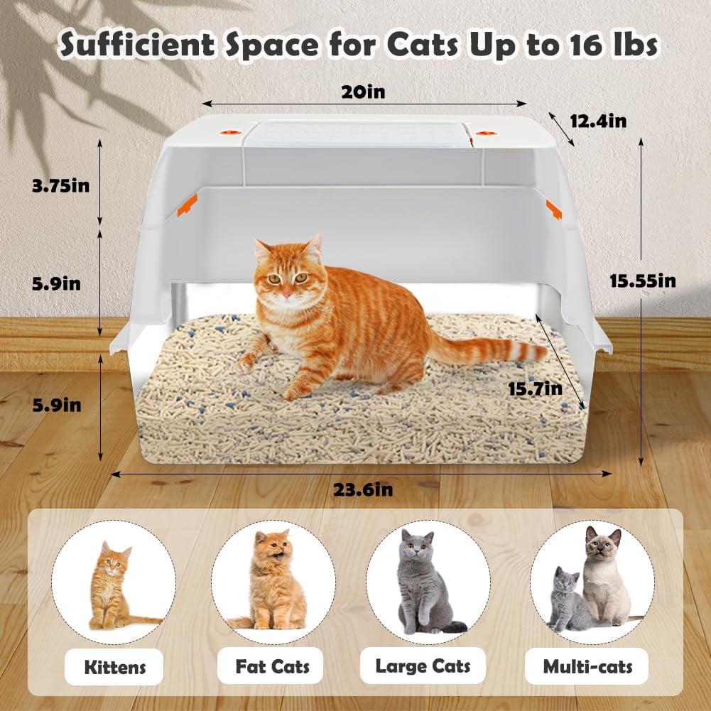 Stainless Steel Litter Box with Lid, XL Side Entry Extra Large Litter Box for Big Cats & Kitty, Removable Enclosed Metal Cat Pan with High Sided Enclosure, Scoop, Mat, Footboard (Beige)