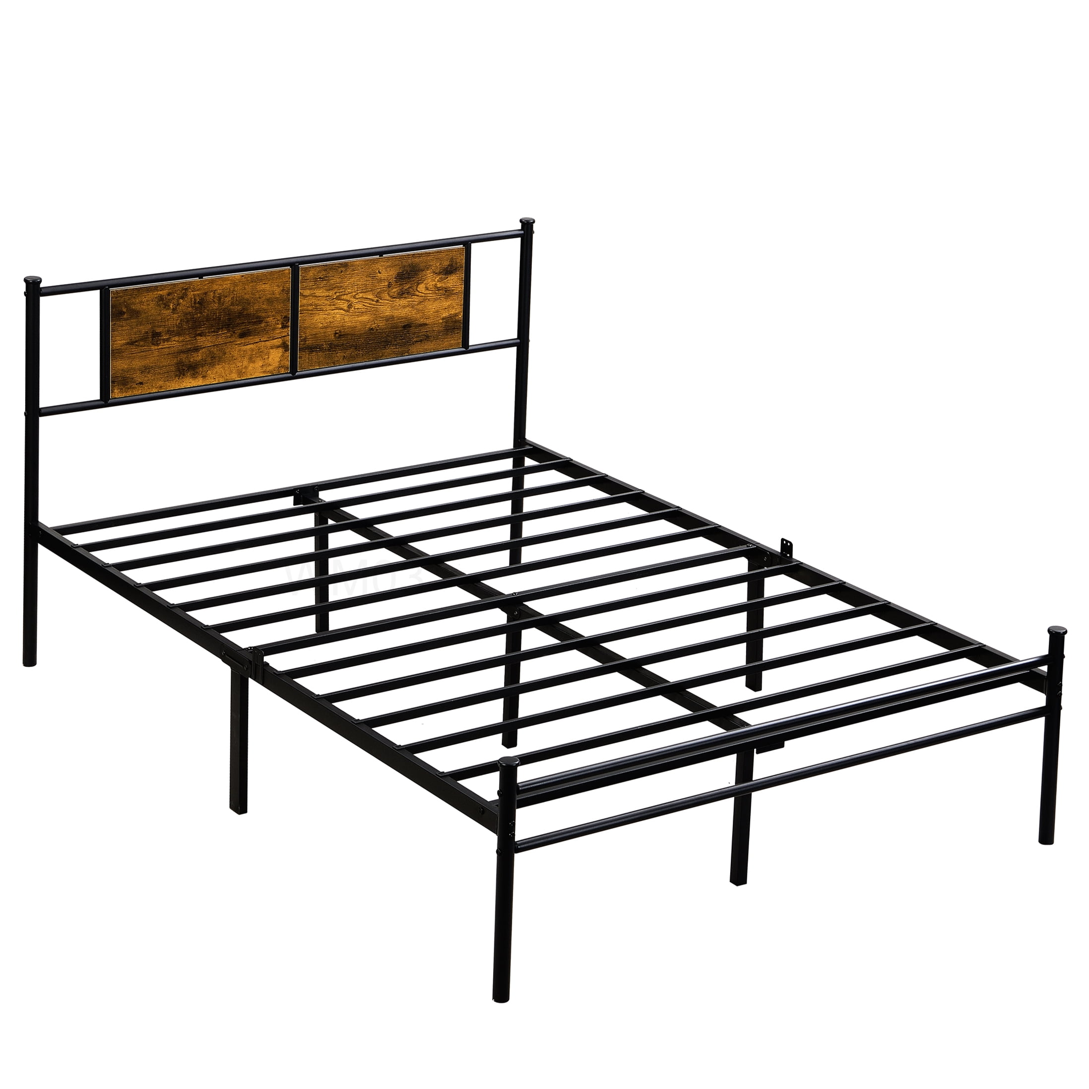 Metal Platform Bed Frame King Size with Wood Headboard and Underbed Storage, No Box Spring, Black Brown
