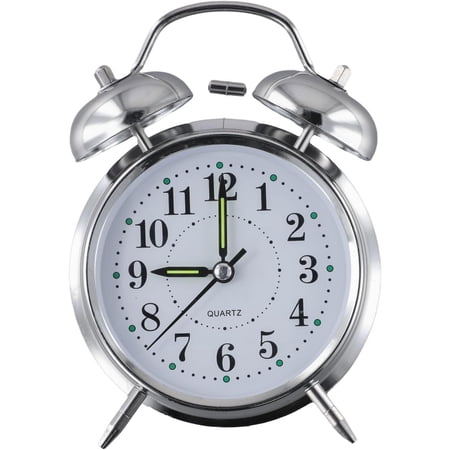 Double Bell Alarm Clock Metal Traditional Desktop Clock With Luminous Hands Night Light Silver Chrome 4 Inch