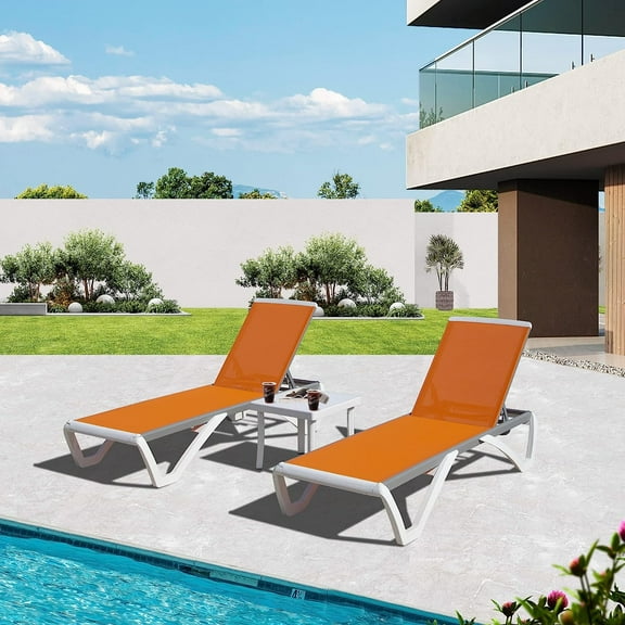 Domi Outdoor Lounge Chairs Set of 3, Aluminum Lounge Chairs for Outside with 5 Position Adjustable Backrest, Side Table, Outdoor Chaise Lounge for Beach, Yard, Balcony, Poolside, Orange