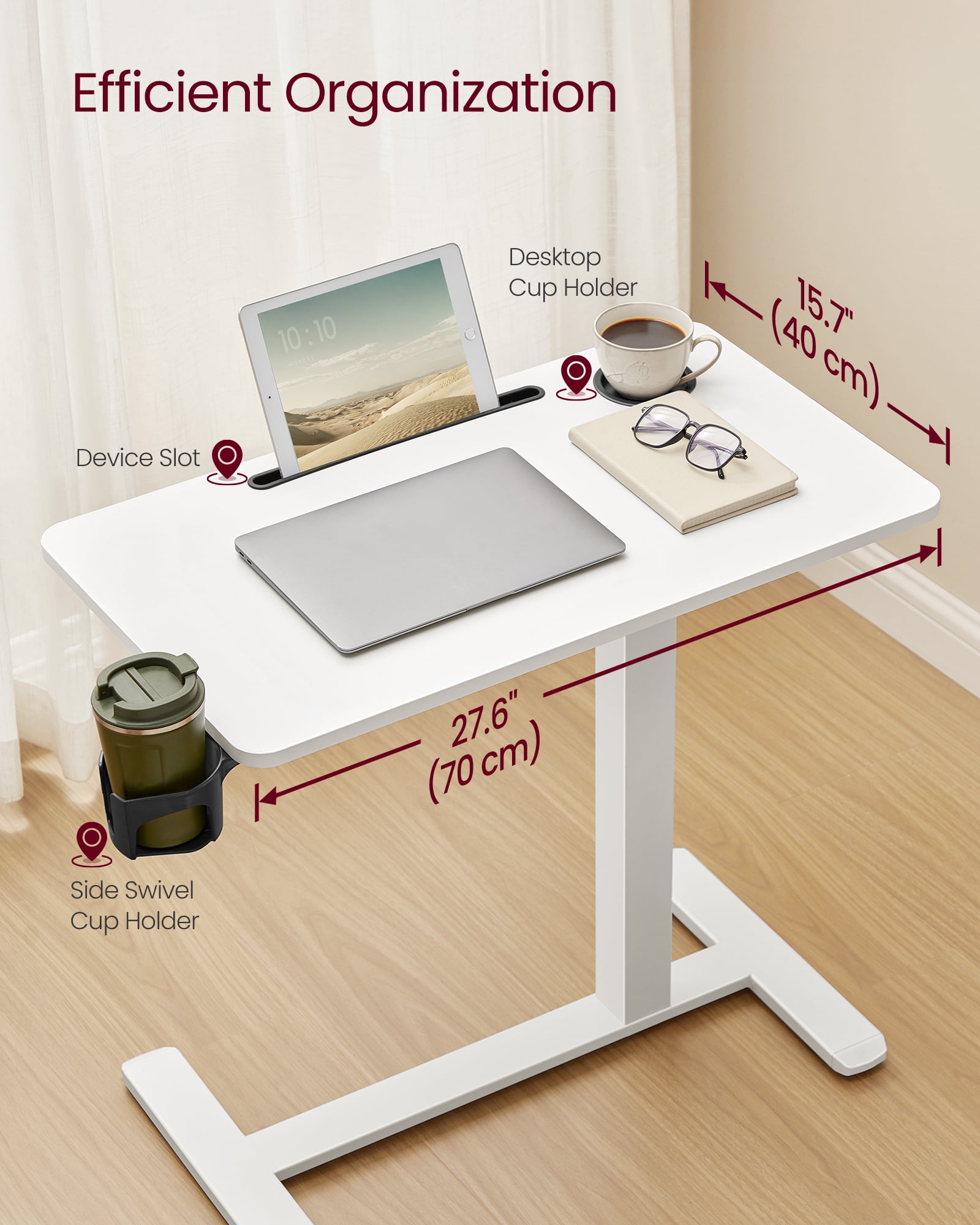 Mobile Standing Desk, 27.6 Inch Adjustable Height Table with 2 Cup Holders & Tablet Slot, Rolling Computer Desk for Bedroom Living Room, Cloud White