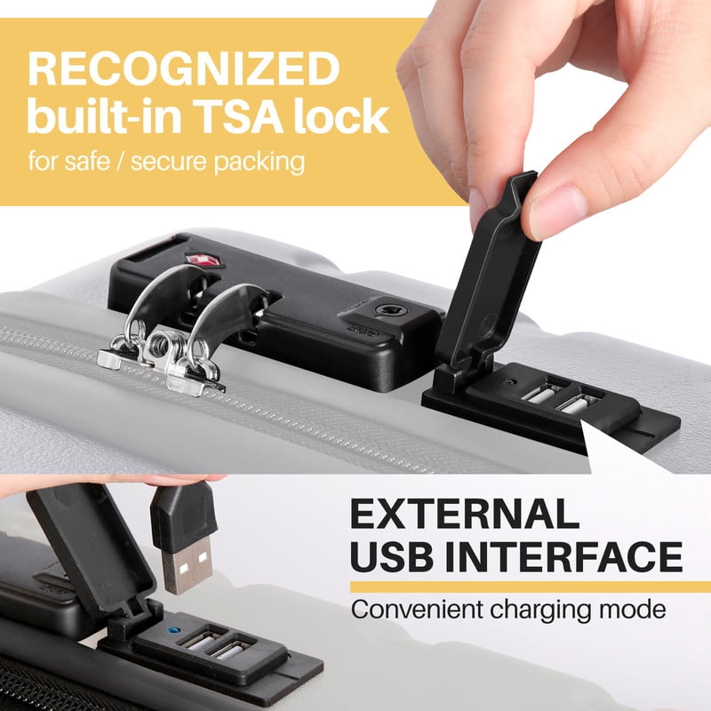 Checked Luggage PC ABS Hardside Suitcase with wheels USB Port Lightweight Luggage with TSA Lock 28 inch Black