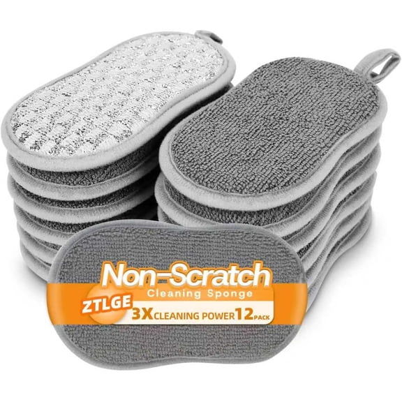 Multi-Purpose Scrub Kitchen Sponges – 12 Pack Dish Sponge, Dual-Sided Non-Scratch Microfiber & Metal Scrubber, Reusable Heavy Duty Sponges for Dishes, Pots, Glass, Sink, Stovetop & Bathroom